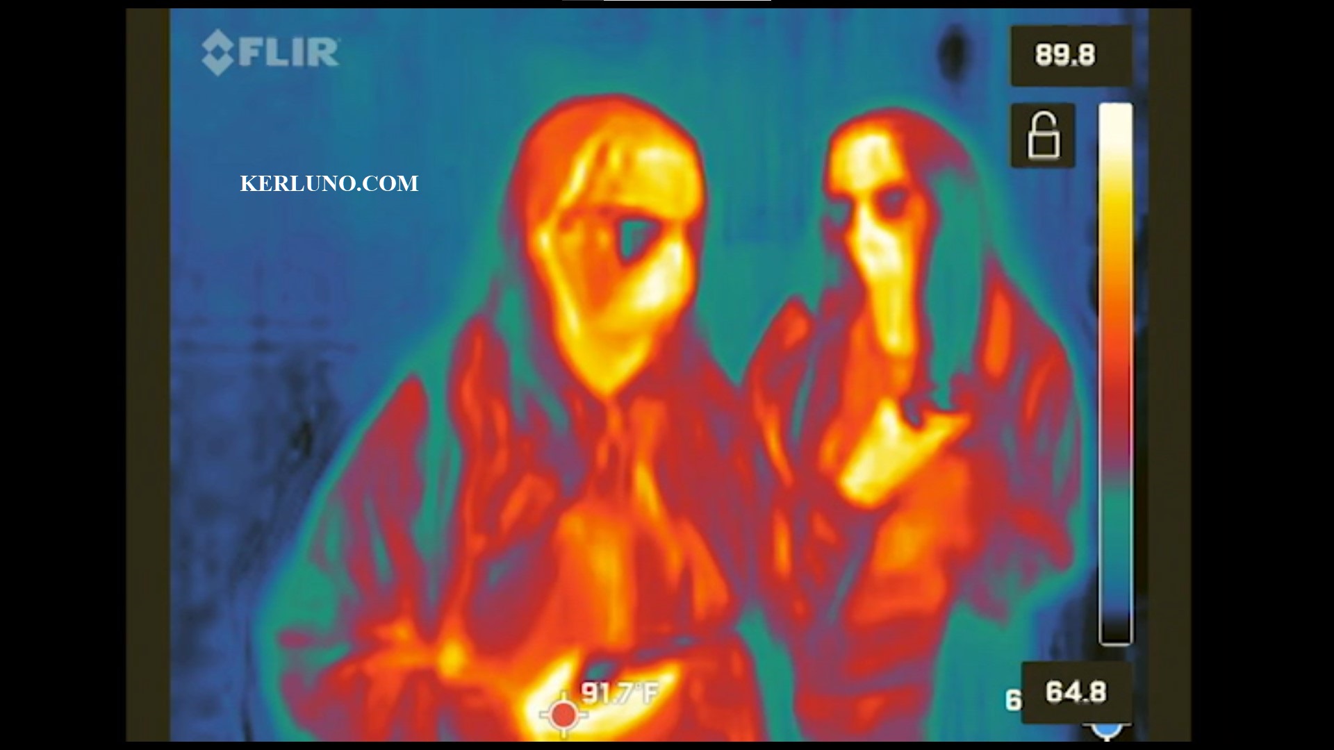 Two women in FLIR imaging camera, colorful output